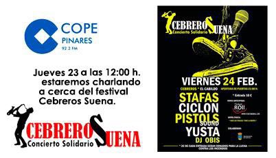 Este jueves <a href="/MichelMolinera/">Michel Molinera</a> de <a href="/STAFAS_BAND/">STAFAS OFICIAL</a>  estará charlando,  en <a href="/COPEPINARES/">COPE Pinares</a> , sobre el festival Cebreros Suena  que se celebrará el viernes 24 en Cebreros (Ávila).

Podéis escuchar la entrevista en:

copepinares.es