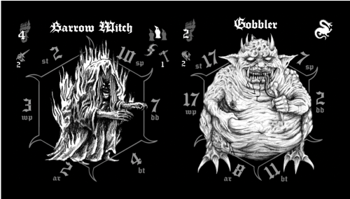 MadMosesMtg's tweet photo. I designed a couple of cards for the upcoming Chaos Pack 3 expansion for the Cave Evil/Warcults boardgames in collaboration with my friend Johannes Stahl, who illustrated them. Behold this teaser of the devious Barrow Witch by us and the mighty Gobbler by someone else. #CaveEvil https://t.co/zi6ruvwQfY