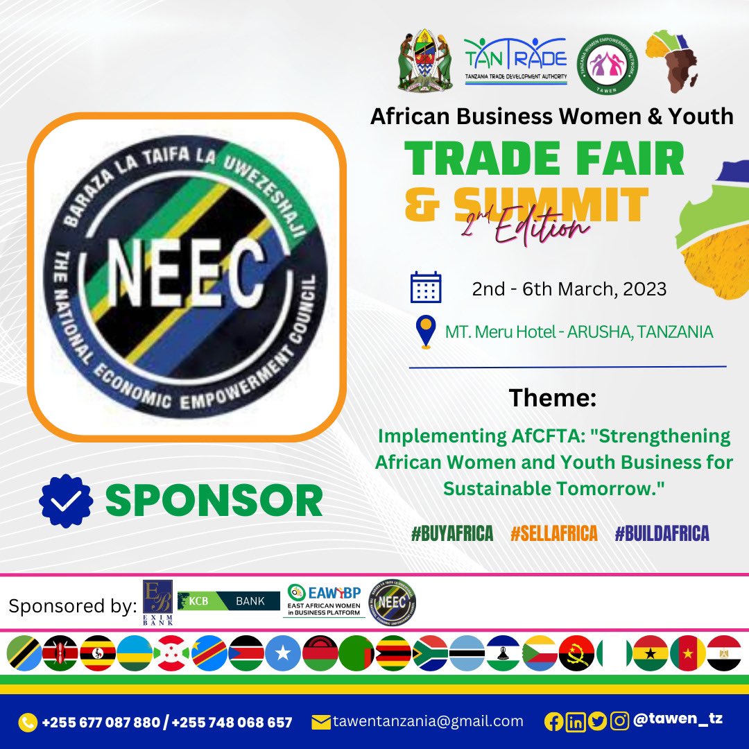 AFRICAN BUSINESS WOMEN AND YOUTH TRADE FAIR AND SUMMIT 
iko tayari kuadhimisha Siku ya Kimataifa ya Wanawake na  kwa unyenyekevu mkubwa tunapenda kuwatambulisha wafadhili wetu na walezi wetu katika kufanikisha Tukio hili. <a href="/exim_banktz/">Exim Bank Tanzania</a> <a href="/neec_uwezeshaji/">NEEC Tanzania</a> <a href="/kcbbanktz/">KCB Bank Tanzania</a> <a href="/TAWENTanzania/">tawen tanzania</a>