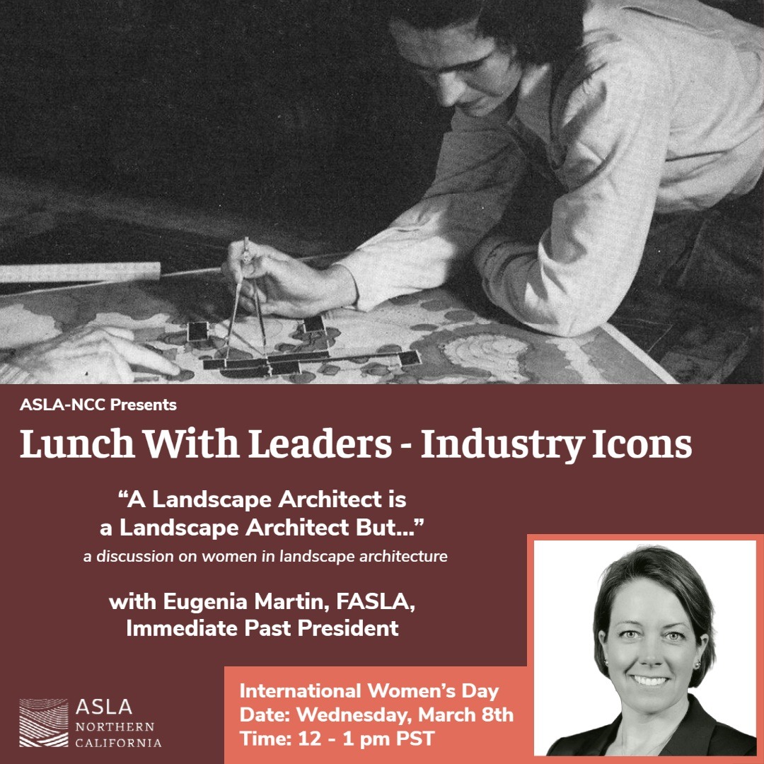 ASLANorCal's tweet image. For International Women's Day, join a presentation by @nationalasla Immediate Past President, Eugenia Martin, FASLA @eemmartin. Martin will review contemporary data to consider progress of women in the profession &amp;amp; where the feature leads. ✨Register at tinyurl.com/LWL-23-Martin✨