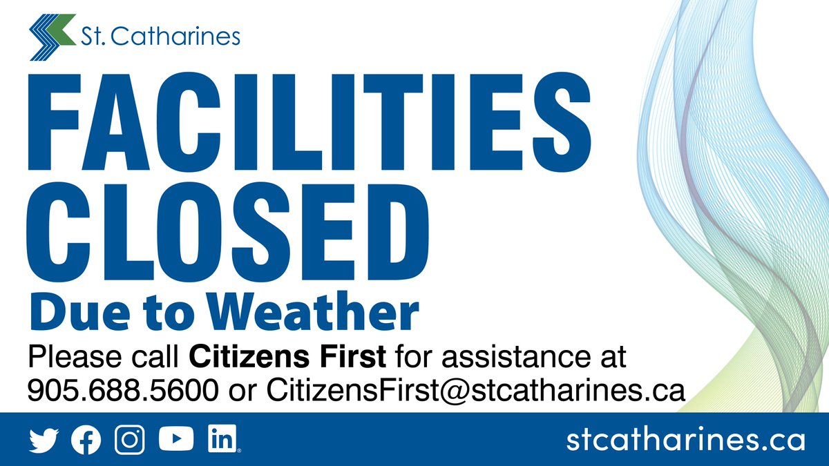 ⛔️ Due to inclement weather all City facilities are closed and programming is canceled until further notice on Feb. 23.
✅ Citizens First will be open during regular business hours at 905.688.5600 or CitizensFirst@stcatharines.ca
👉 Watch City social media channels for updates