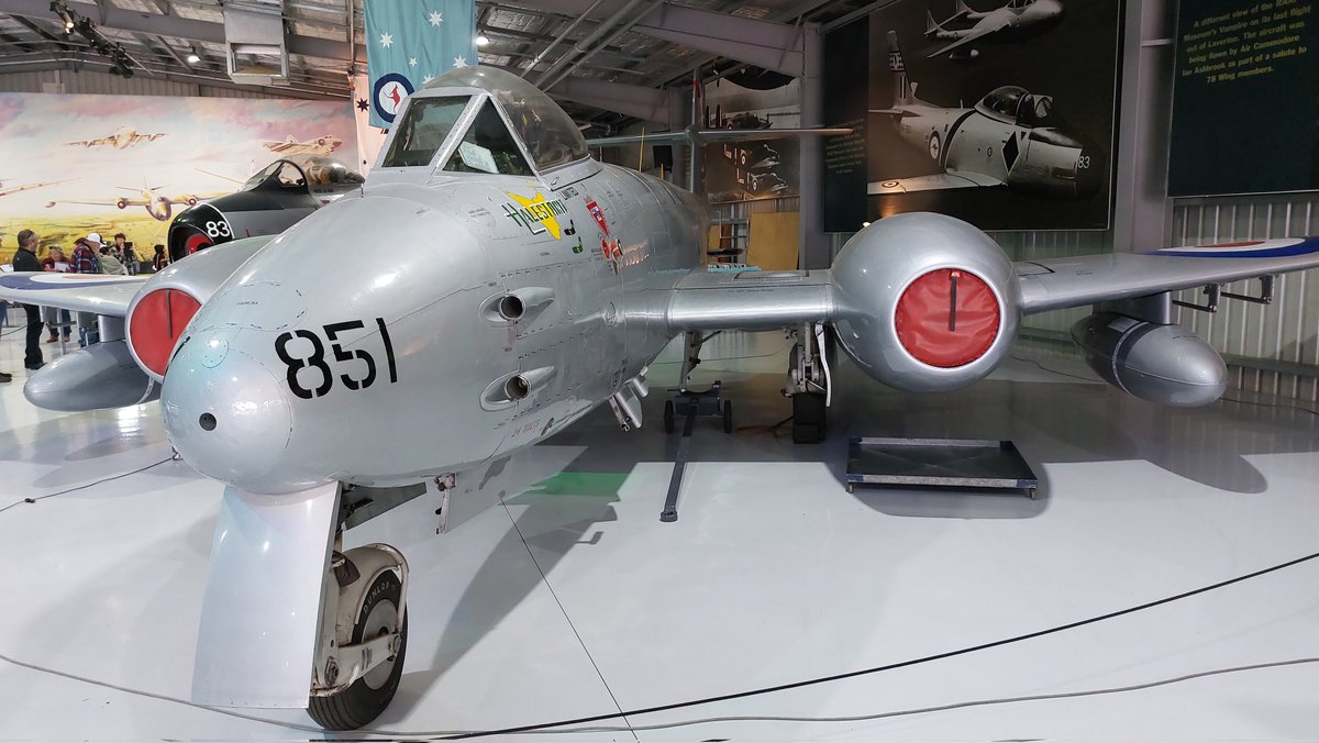 The only airworthy example in the world& painted to represent former RAAF Korean War veteran A77-851 #historic Gloster Meteor F8 in the display hanger of the #TemoraAviationMuseum during Sept 2022 flying day #AvGeek #Aviation #History #RAAF100Squadron #LestWeForget #History