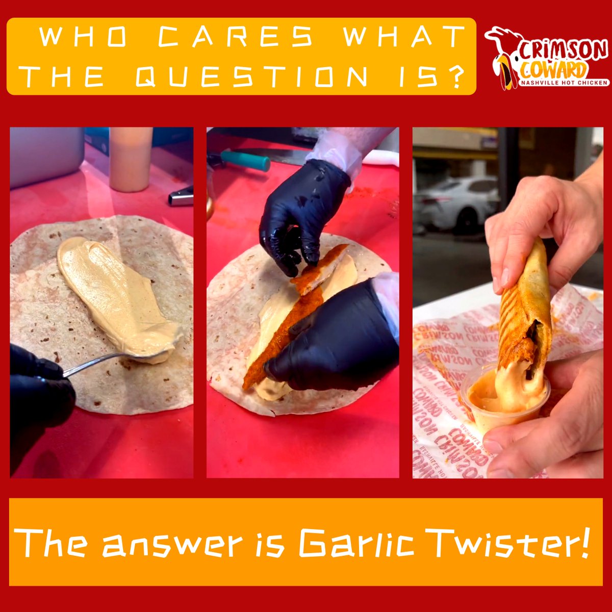 Crimson Coward's garlic twister is an experience that can never go wrong.....
#crimsonchicken #garlictwister #fries #crimsoncoward #halal #cravings #nashvillehotchicken #hotchicken #juicychicken #tenders #Frisotx