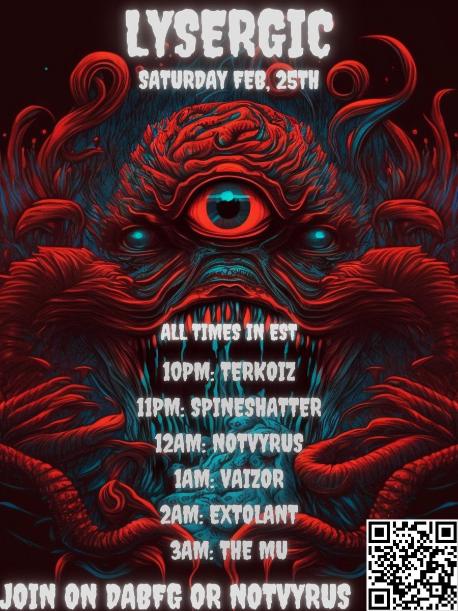 CENG_VRC's tweet photo. Are you ready to get your bass fix? Join us this Saturday at February 22, 2023 10 PM EST,  for a sick night of heavy dubstep! 

10 PM EST:  @TerkoizMusic 
11 PM EST: @DJ_SPINESHATTER 
12 AM EST: @ Vyrus
1 AM EST:  @vaizormusic
2 AM EST: @extolant 
3 AM EST: @TheMuOfficial https://t.co/5WVovLJIGF