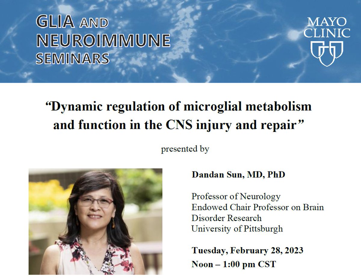 Wu Lab at UTHealth (@longjun_wu) on Twitter photo We are honored to have Dr. Dandan Sun from University of Pittsburgh present for Glia and Neuroimmune Seminars at Mayo Clinic on Tuesday February 28th. Thanks <a href="/biocytogen/">Biocytogen</a> <a href="/MayoClinicNeuro/">Mayo Clinic Neuro</a> and Mayo Center for MS and Autoimmune Neurology for sponsoring the event. We are honored to have Dr. Dandan Sun from University of Pittsburgh present for Glia and Neuroimmune Seminars at Mayo Clinic on Tuesday February 28th. Thanks <a href="/biocytogen/">Biocytogen</a> <a href="/MayoClinicNeuro/">Mayo Clinic Neuro</a> and Mayo Center for MS and Autoimmune Neurology for sponsoring the event.