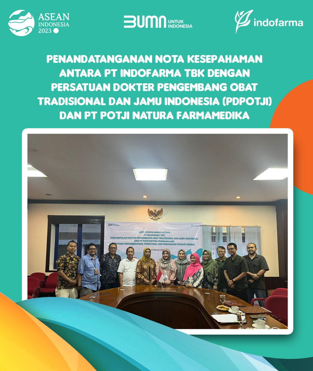 Di Commercial Office PT Indofarma Tbk, Rabu, 22 Februari 2023 telah dilaksanakan Penandatanganan Nota Kesepahaman antara PT Indofarma Tbk dengan Persatuan Dokter Pengembang Obat Tradisional dan Jamu Indonesia (PDPOTJI) dan PT POTJI Natura Farmamedika.