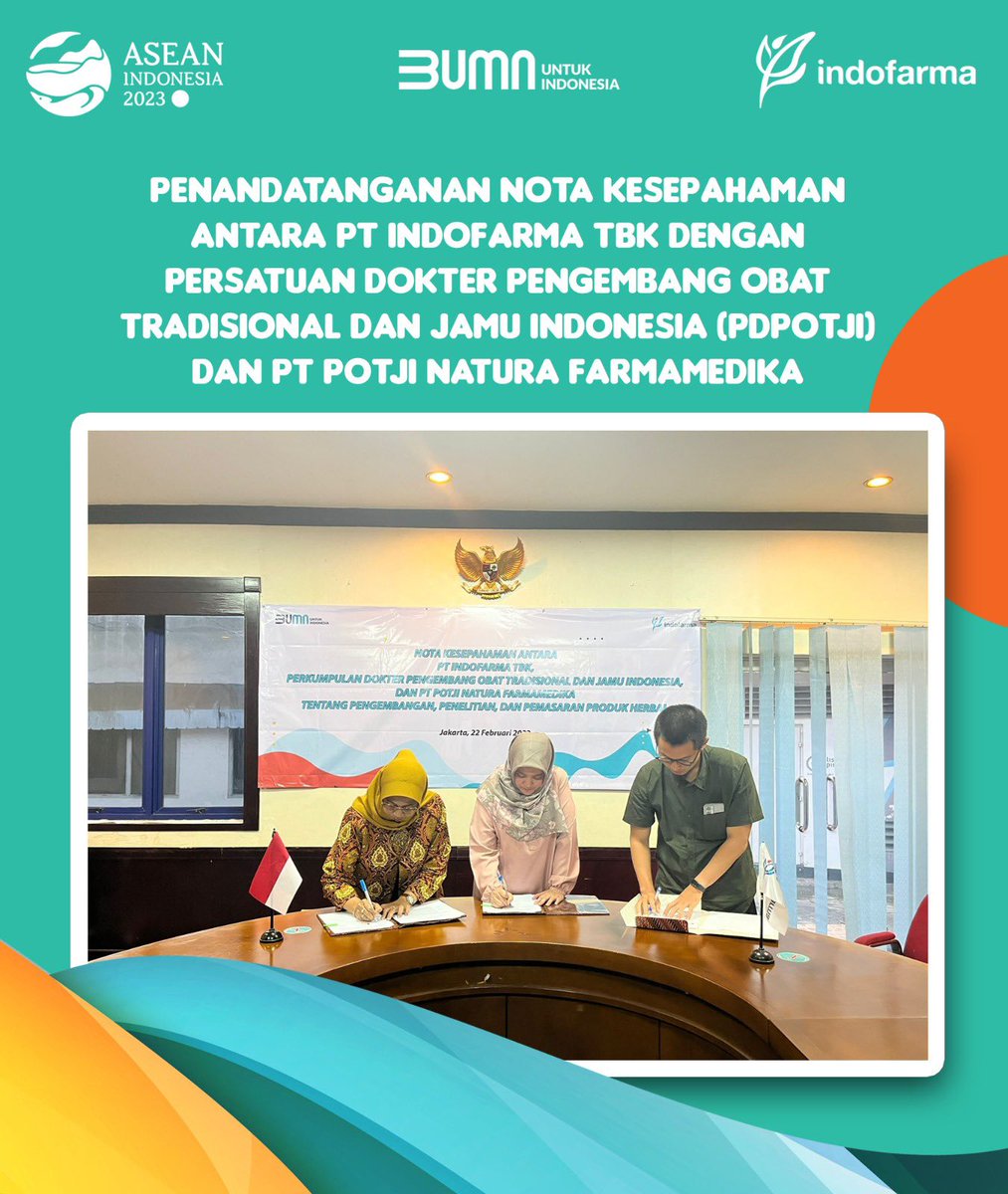 indofarmaid's tweet photo. Di Commercial Office PT Indofarma Tbk, Rabu, 22 Februari 2023 telah dilaksanakan Penandatanganan Nota Kesepahaman antara PT Indofarma Tbk dengan Persatuan Dokter Pengembang Obat Tradisional dan Jamu Indonesia (PDPOTJI) dan PT POTJI Natura Farmamedika. https://t.co/WmytAbM5Iu