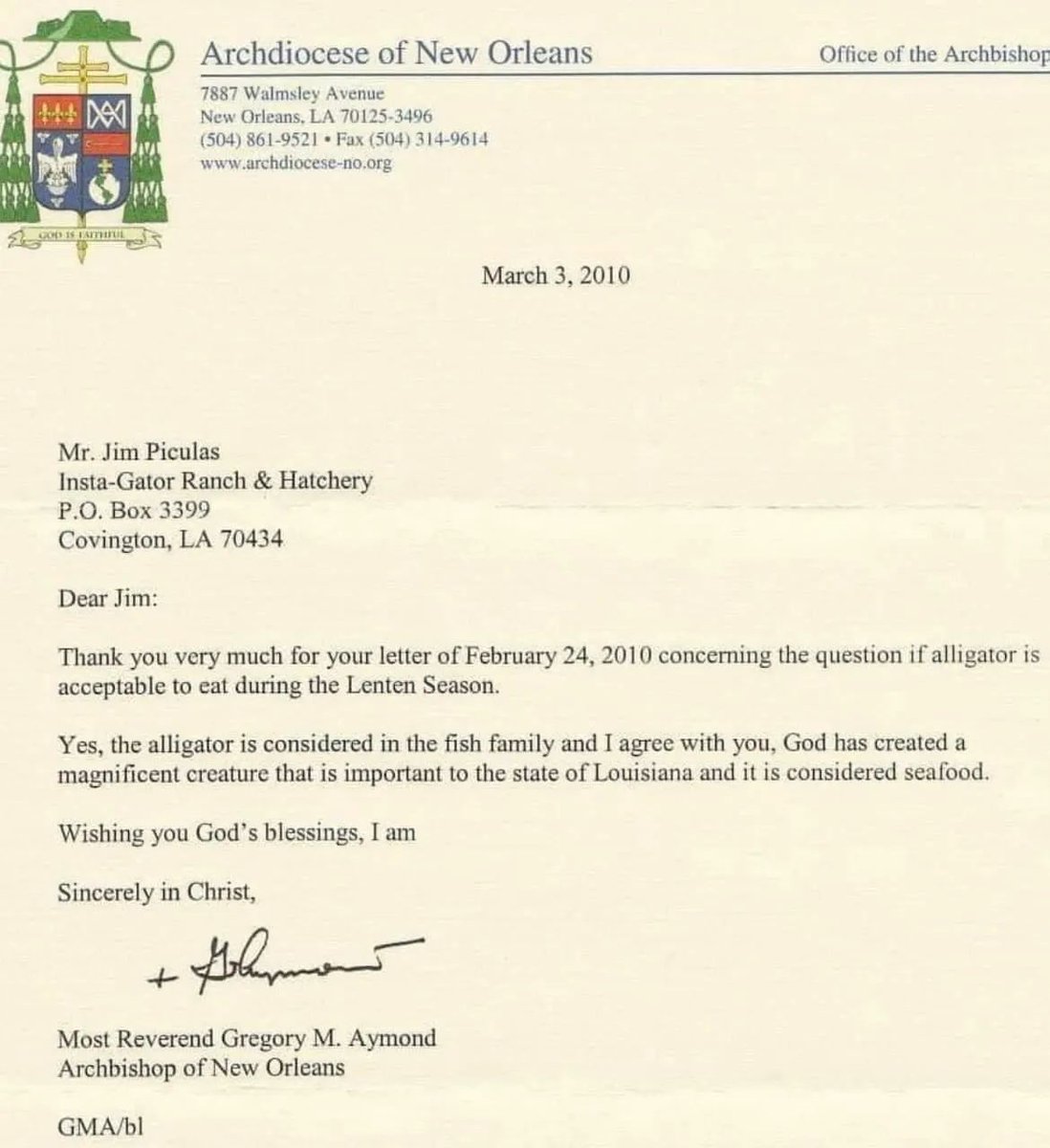 Coming up on 13 years since New Orleans' Archbishop said that alligator is a part of the FISH family, thus acceptable to consume during Lent.
