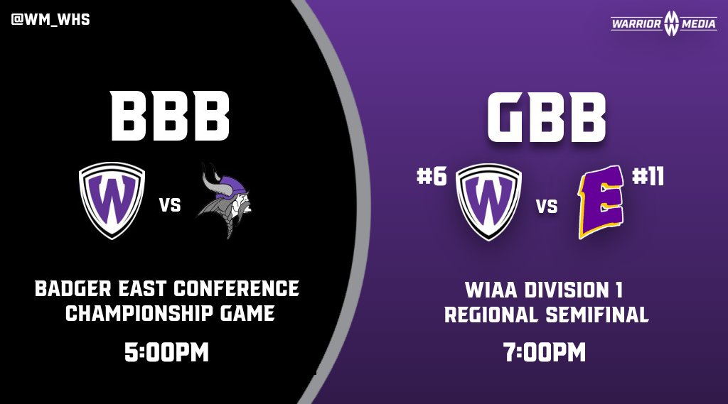 Friday is now a BBB/GBB doubleheader on Warrior Media!

At 5:00, <a href="/KEE_HOOPS/">THE KEE</a> faces off vs. <a href="/StoughtonHoop/">StoughtonVikingBBall</a> for the Badger East Title.

Then @ 7:00, #6 <a href="/waunakeehoops/">Waunakee Girls Basketball</a> battles #11 seed <a href="/EastsideGBB/">Eastside Girl's Basketball</a> in a WIAA D1 Reg. Semi.

WM will have livestream coverage &amp; play-by-play! #waunakeeway