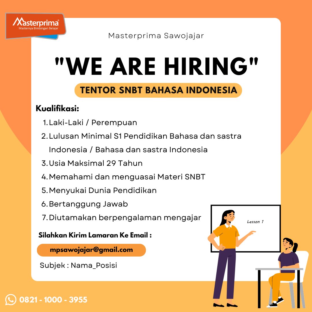 MasterprimaSW's tweet image. DIBUTUHKAN SEGERA TENTOR SNBT BAHASA INDONESIA

@infomalang 

#infomalang #kabarmalang #lokermalang #tentorsnbt