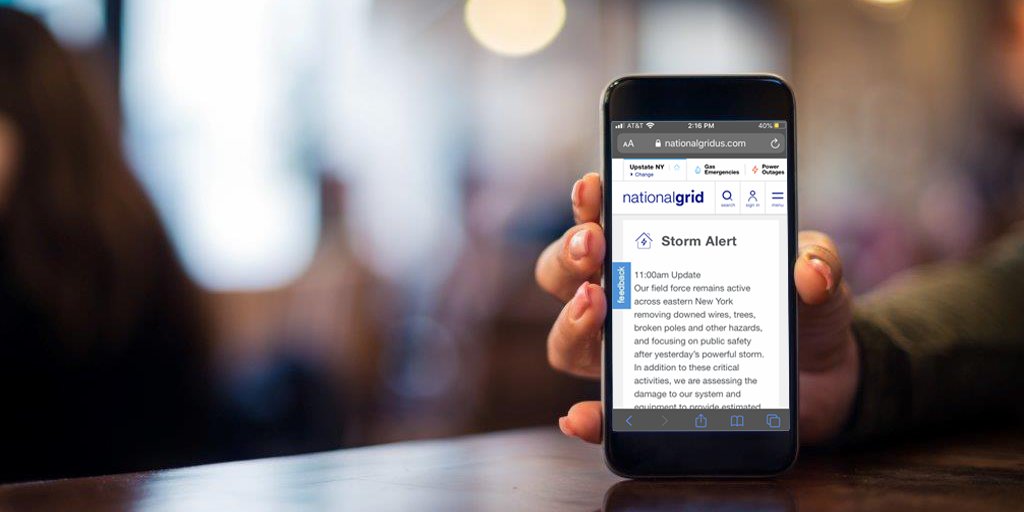 Use your mobile device to track outage information and storm-related safety tips through our mobile site accessible at ngrid.com/mobile