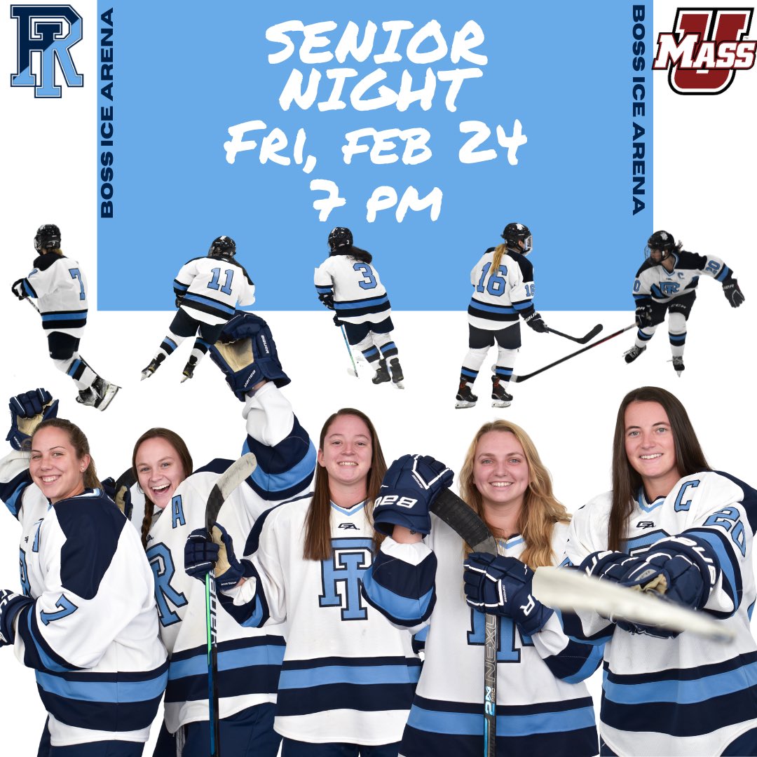 URI_WHockey's tweet photo. ❕SENIOR NIGHT FEB 24 7 PM❕
This Friday we will be celebrating our senior class Abbi Sampson, Sara Abrahamson, Carissa Rego, Abby Arguin, and Logan Bruns at 7 pm at Bradford Boss Ice Arena! We hope to see you all there! #packtheboss #uri #acha #umassamherst #rhody https://t.co/EJz6rUYsuc