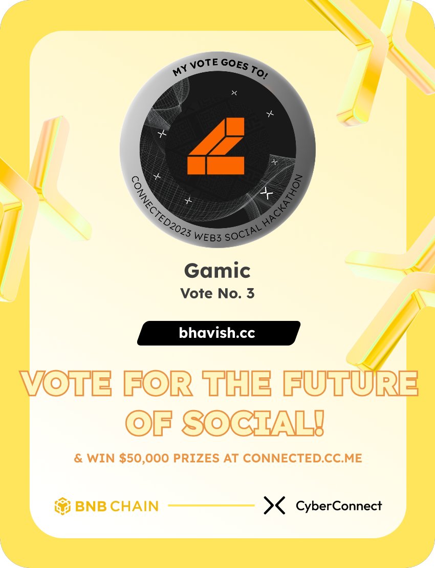Just voted for my favorite project Gamic in #Connected2023, a Web3 Social hackathon by <a href="/CyberConnectHQ/">(Deprecated) CyberConnect</a> the social graph protocol &amp; <a href="/BNBCHAIN/">BNB Chain</a>
Join me to vote for a better social and win $50,000 prizes!
connected.cc.me
sig:Uw0Yz1