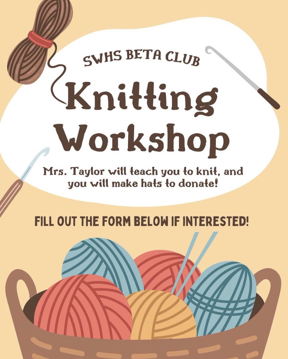 Knitting workshop is in Mrs. Taylor’s room tomorrow (2/23/23) after school from 2:30 - 3:30 pm!