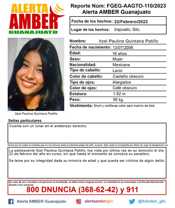 #TeBuscamos Itzel Paulina Quintana Patiño 16 años #Desaparecida 22/Febrero/2023 #Irapuato #Guanajuato <a href="/botDesaparecidx/">BotDesaparecidx</a> <a href="/ConsejoECGto/">Consejo Estatal Ciudadano de Búsqueda Guanajuato</a> <a href="/Buscadoras_Gto/">Buscadoras Guanajuato</a> <a href="/GtoProyecto/">Proyecto De Búsqueda Gto.</a> <a href="/1LuzEnElCamino/">Una Luz En El Camino</a>  <a href="/sangrederebelde/">🇲🇽 Colectivo De Búsqueda SangreDeRebelde🇲🇽</a> <a href="/MujeresDesapMx/">Mujeres Desaparecidas Guanajuato</a> <a href="/Fridaguerrera/">FridaGuerrera #NiUnaMás 🇵🇸🇲🇽</a> <a href="/nimagto/">NIMA Centro de Promoción de DDHH de NNA</a>  <a href="/LasLibres/">Las Libres</a>