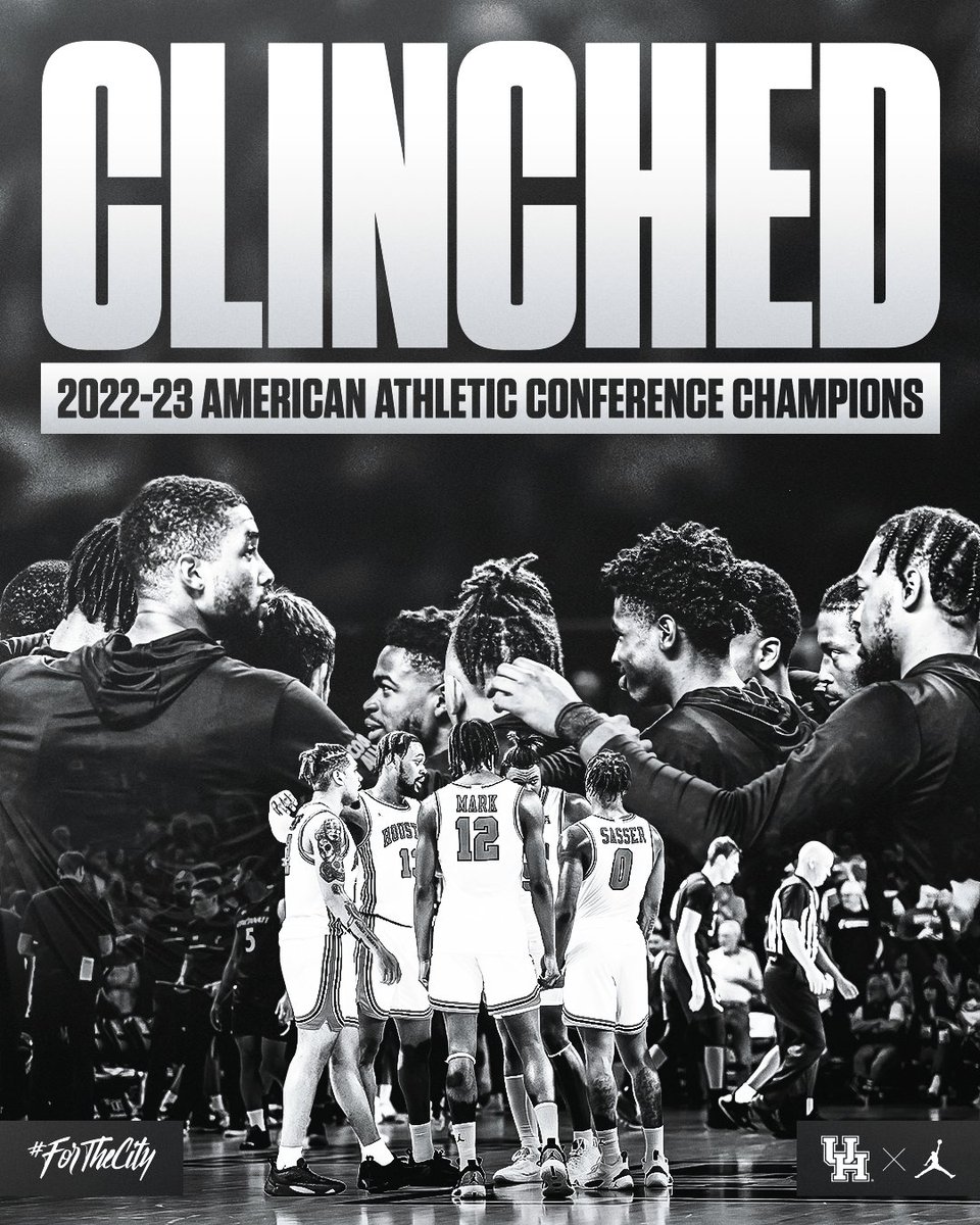 UHCougarMBK's tweet photo. 𝘾𝙃𝘼𝙈𝙋𝙄𝙊𝙉𝙎 🏆 💎 💍

With tonight's win, @UHouston clinched share of @American_MBB regular-season championship 

Coogs play for outright 👑 on Saturday at East Carolina

#ForTheCity x #GoCoogs https://t.co/Gu75nFqS2h