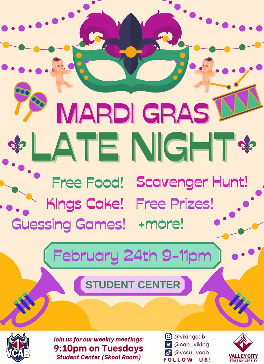 Join us tomorrow for a MARDI GRAS Late Night! 🎭💜💚💛
•
⏰ 9:00–11:00PM || Friday, February 24th
📍 Student Center
•
#VCAB #CampusActivities #MardiGras