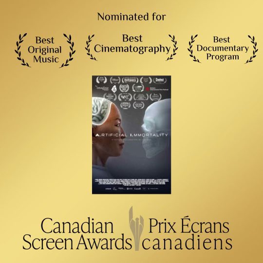 Excited to announce that Artificial Immortality has been nominated for 3 categories in this year’s #CanadianScreenAwards 🏆

Amazing work by our team <a href="/FathomFilm/">Fathom Film</a>, talented composer <a href="/kobakov/">Todor Kobakov</a>, and the brilliant cinematographers Iris Ng and Stephen Chung ⭐️