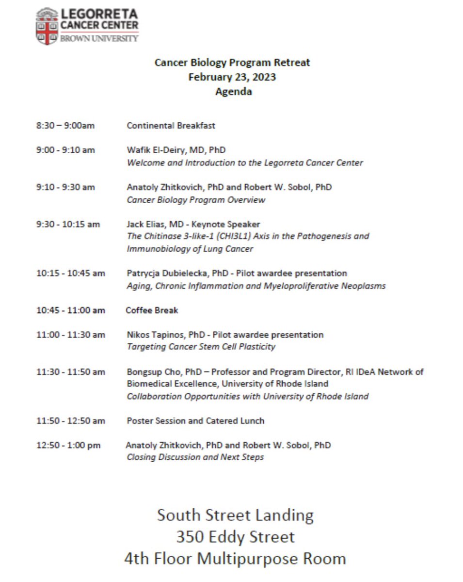 Looking forward to the Legorreta Cancer Center @BrownUCancer Cancer Biology Program retreat organized by co-Leaders Drs. Robert Sobol @rwsobol & Anatoly Zhitkovich with keynote by Dr. Jack Elias & other scientific presentations @BrownMedicine @LifespanHlthSys @carenewengland