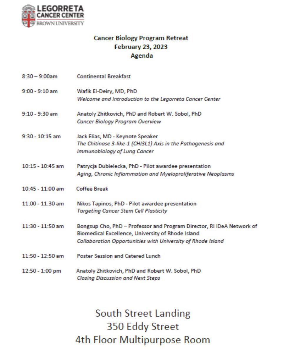 Wafik S. El-Deiry, MD, PhD, FACP (@weldeiry) on Twitter photo Looking forward to the Legorreta Cancer Center <a href="/BrownUCancer/">Legorreta Cancer Center at Brown University</a> Cancer Biology Program retreat organized by co-Leaders Drs. Robert Sobol <a href="/rwsobol/">Robert W. Sobol</a> & Anatoly Zhitkovich with keynote by Dr. Jack Elias & other scientific presentations <a href="/BrownMedicine/">The Warren Alpert Medical School</a> @LifespanHlthSys <a href="/carenewengland/">Care New England</a> Looking forward to the Legorreta Cancer Center <a href="/BrownUCancer/">Legorreta Cancer Center at Brown University</a> Cancer Biology Program retreat organized by co-Leaders Drs. Robert Sobol <a href="/rwsobol/">Robert W. Sobol</a> & Anatoly Zhitkovich with keynote by Dr. Jack Elias & other scientific presentations <a href="/BrownMedicine/">The Warren Alpert Medical School</a> @LifespanHlthSys <a href="/carenewengland/">Care New England</a>