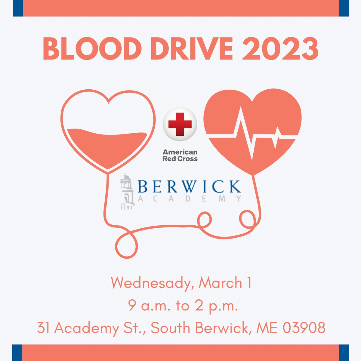 Berwick Academy will be hosting a blood drive on Wednesday, March 1 from 9 a.m.-2 p.m. in the Athletic Center Dance Studio. Donors like you are needed now more than ever! This important American Red Cross event is open to the public. Help save a life! 
rcblood.org/3IGtdLZ