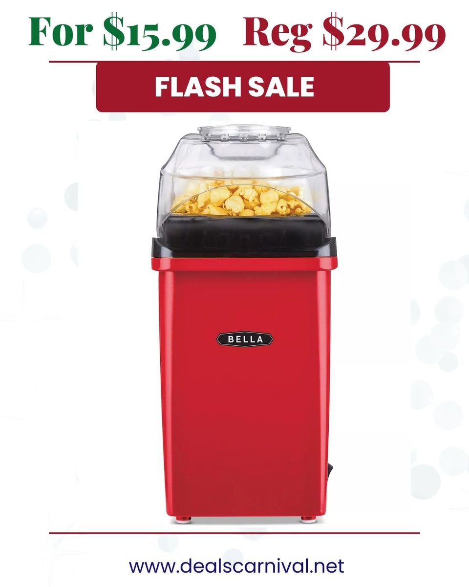 Bella Hot Air Popcorn Maker - 1500 watts For $15.99 Reg $29.99

dealscarnival.net/hot-air-popcor…

#kitchenappliances
#bellaappliances
#popcornmaker #homemadepopcorn #macysdeals #flashsale #dealoftheday #dealscarnival