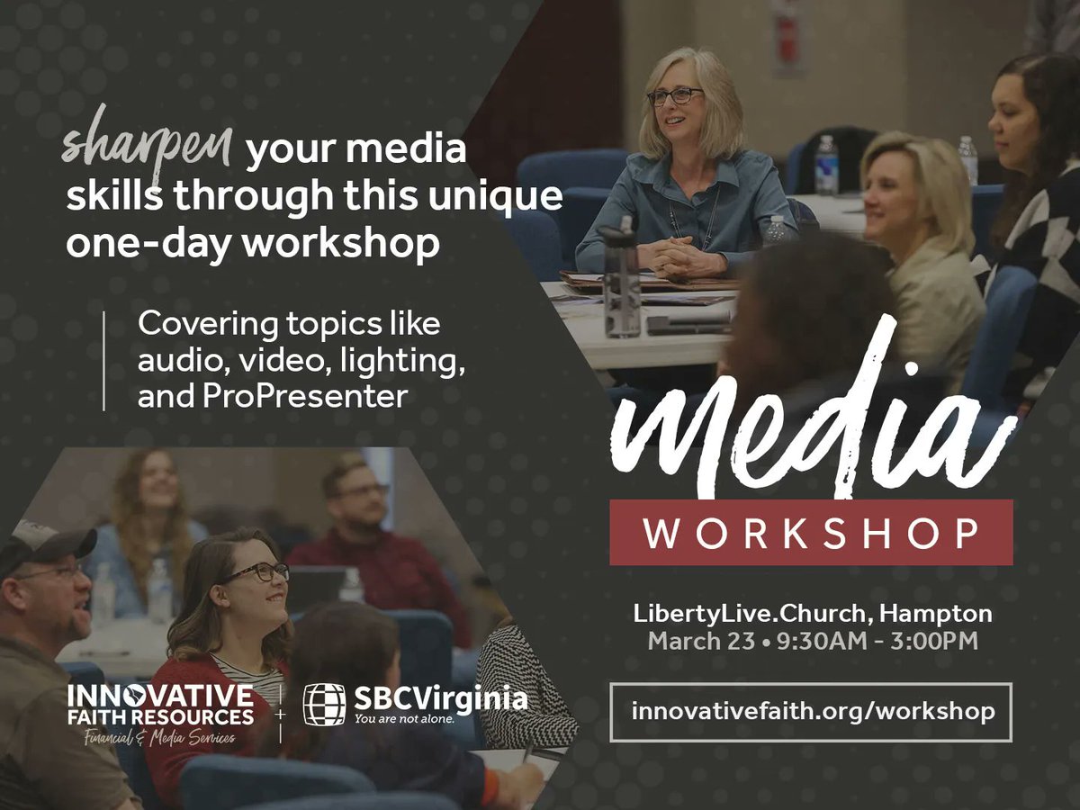 InnovativeFaith's tweet photo. Sharpen your skills in audio, video, lighting, and ProPresenter! Join us for the Media Workshop on March 23 in Hampton. Learn more and register on our website: https://t.co/23a6Kkhnfk https://t.co/lVa277w3iH