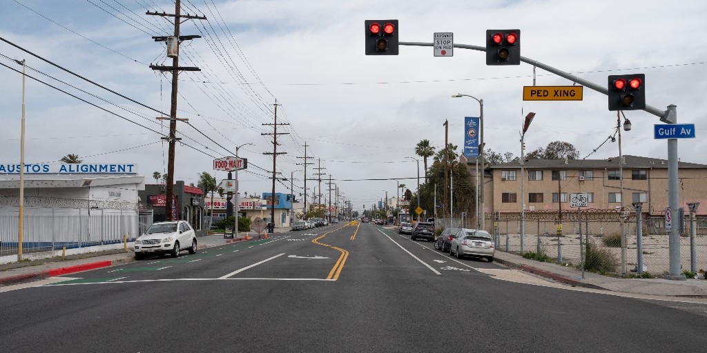 LADOTofficial's tweet photo. We're creating safer pedestrian crossings in #Wilmington! Check out the new pedestrian flashing beacon and upgraded crosswalks installed at Anaheim St and Gulf Ave. #LADOT #SafeStreetsLA #MovingLAForward @McOsker4LA https://t.co/LBldNpnnu6