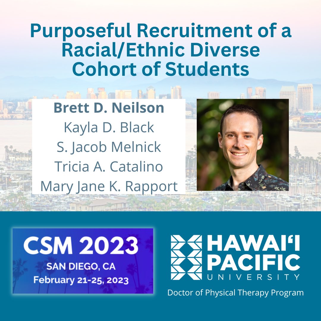 Join me and <a href="/hawaiidpt/">Hawai‘i Pacific University DPT</a> faculty this Thursday morning at 8 am <a href="/APTAcsm/">#APTACSM</a> for our platform on keys to achieving racial/ethnic diversity in PT education. 

Education Section - Platform Theater 4. See you there!