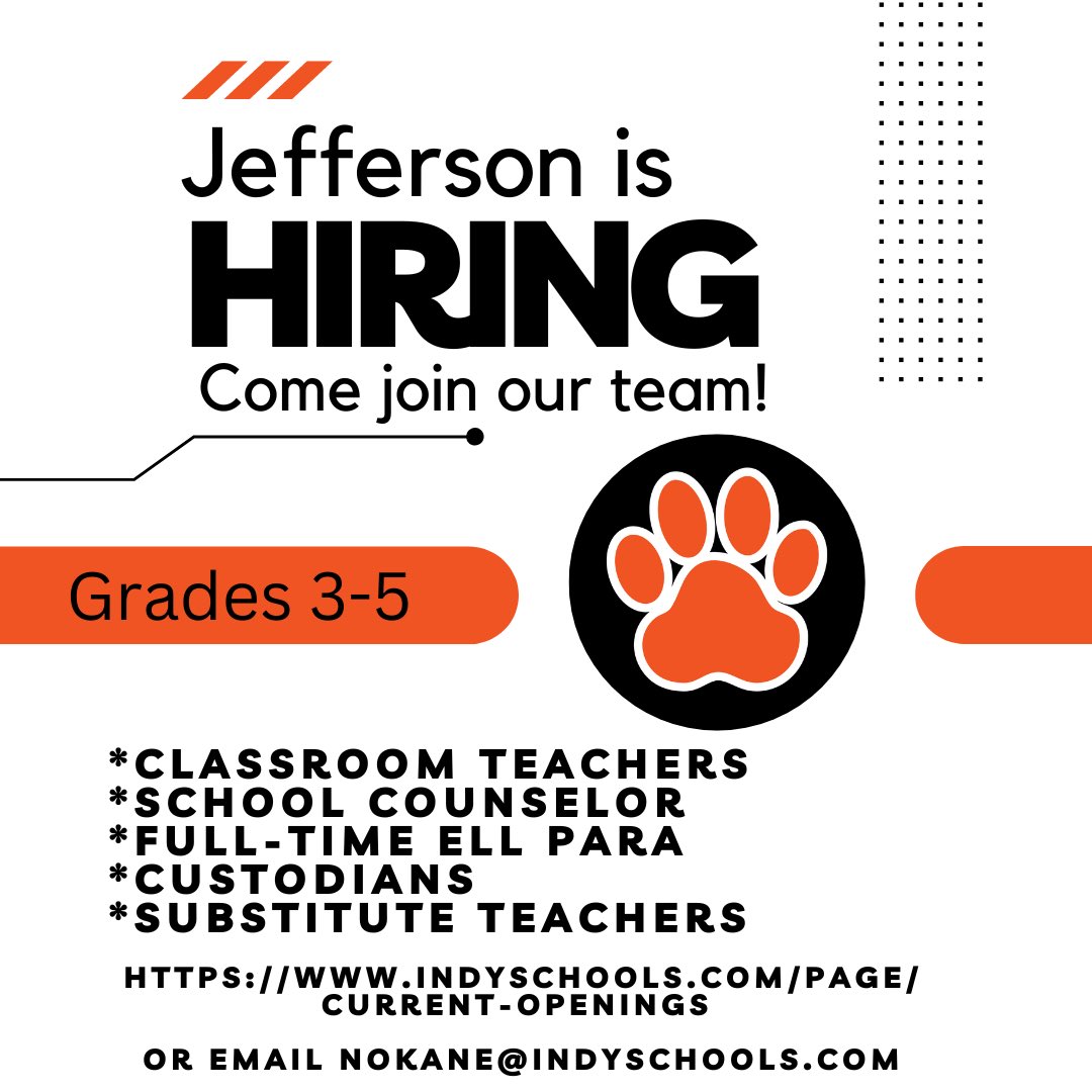 nlokane's tweet photo. Apply today and join the best work family!!! 

https://t.co/N9ENtk1w5c

Spread the word! Jefferson School is the place to be! 🧡🖤🐾 https://t.co/MuFLfMaoQG