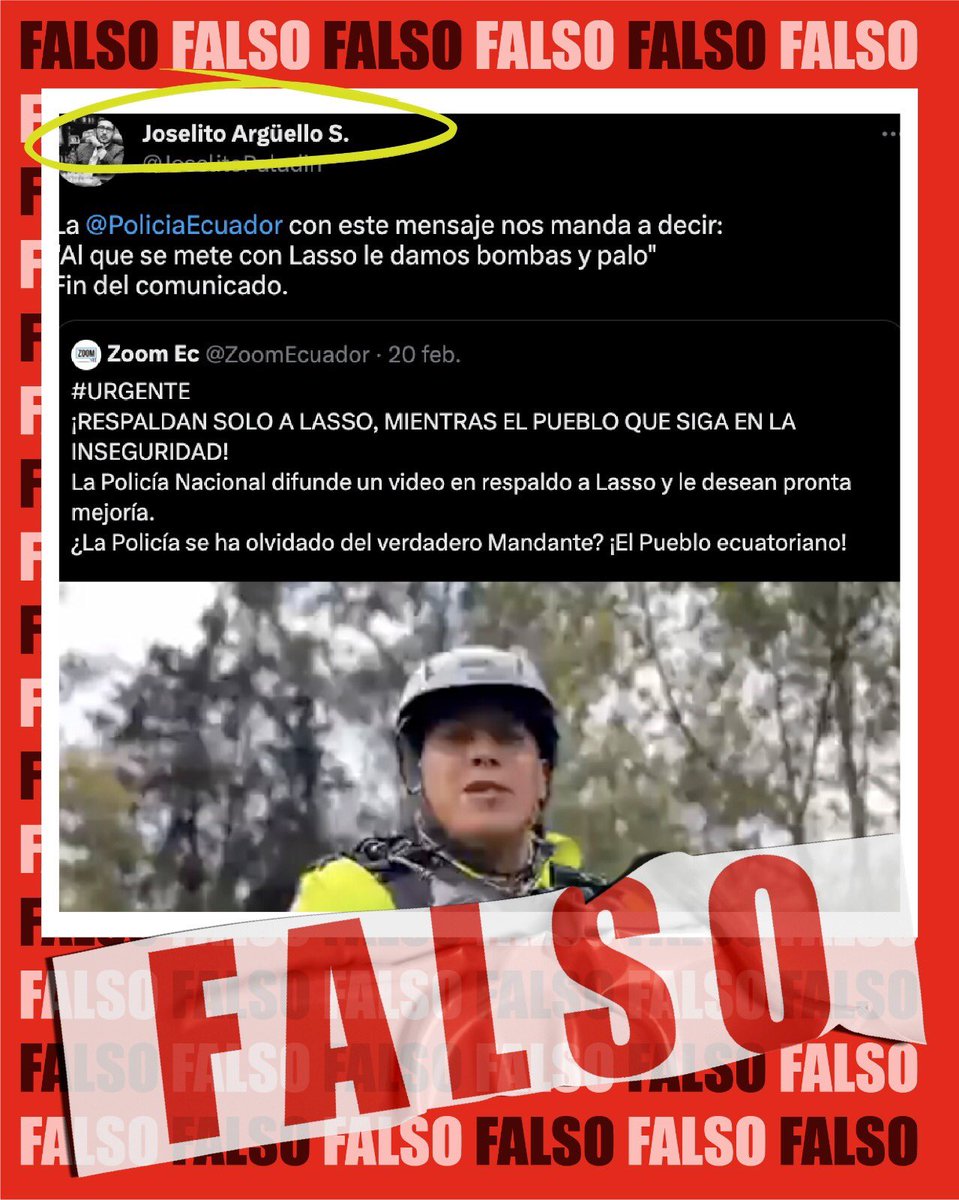 SegcomV's tweet image. Circula en redes sociales información falsa que busca desinformar y causar especulaciones en la ciudadanía. El Gobierno Nacional y las fuerzas del orden se encuentran al servicio de los ecuatorianos. Solicitamos a la ciudadanía informarse por fuentes oficiales.