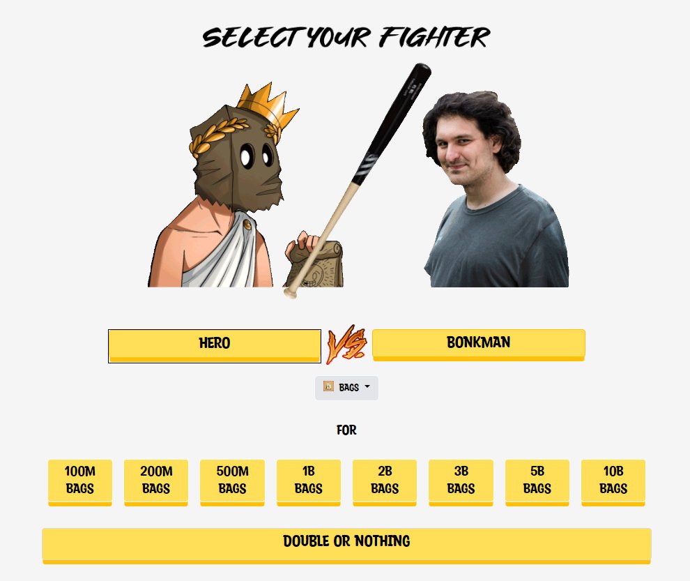 🔥MAJOR ALERT🔥

It’s time to enlist in the battle to fight and defeat the evil Bonkman⚔️ 

<a href="/bags_inu/">$BAGS 💼</a> 🤝 <a href="/DegenLabs/">DegenLabs</a> 💼🚀

You can now play for double or nothing with $BAGS bonk.bet

<a href="/hey_wallet/">Hey Wallet!</a> send 333333 $chili to the first 200 retweets