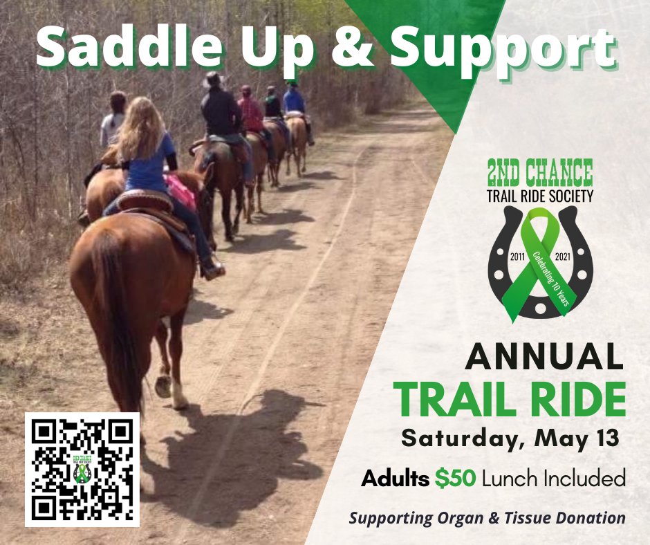 SADDLE UP &amp; SUPPORT Organ &amp; Tissue Donation 💚
We are hosting the Annual Trail Ride Saturday May 13, 2023!

TIME: NOON
COST: $50 per rider
Collect pledges to pay rider fee

REGISTER @ 
2ndctr.com/annual-trail-r…

#organdonation
#fundraiser
#trailride
#beahero
#elkpoint