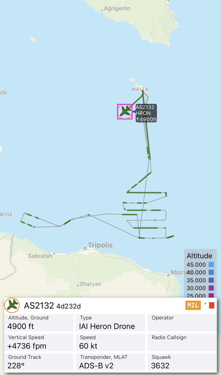 KalteMalte53's tweet photo. Malta wanna know whatโs coming ..
Out of MLA is IAI Heron Drone patrolling Libyaโs coast line .. #AS2132 https://t.co/cSaZfsBiNv
