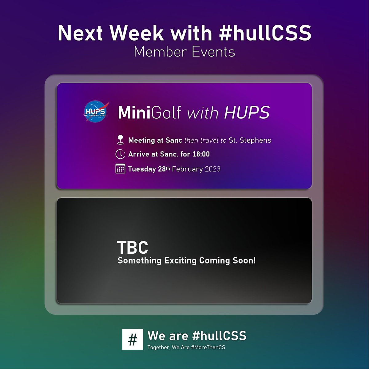 hull_CSS's tweet image. Hey Again!
Next week, we're in for a real treat with @HullPhysSoc for some Crazy/Mini Golf!
We are #hullCSS
Together, We're #MoreThanCS