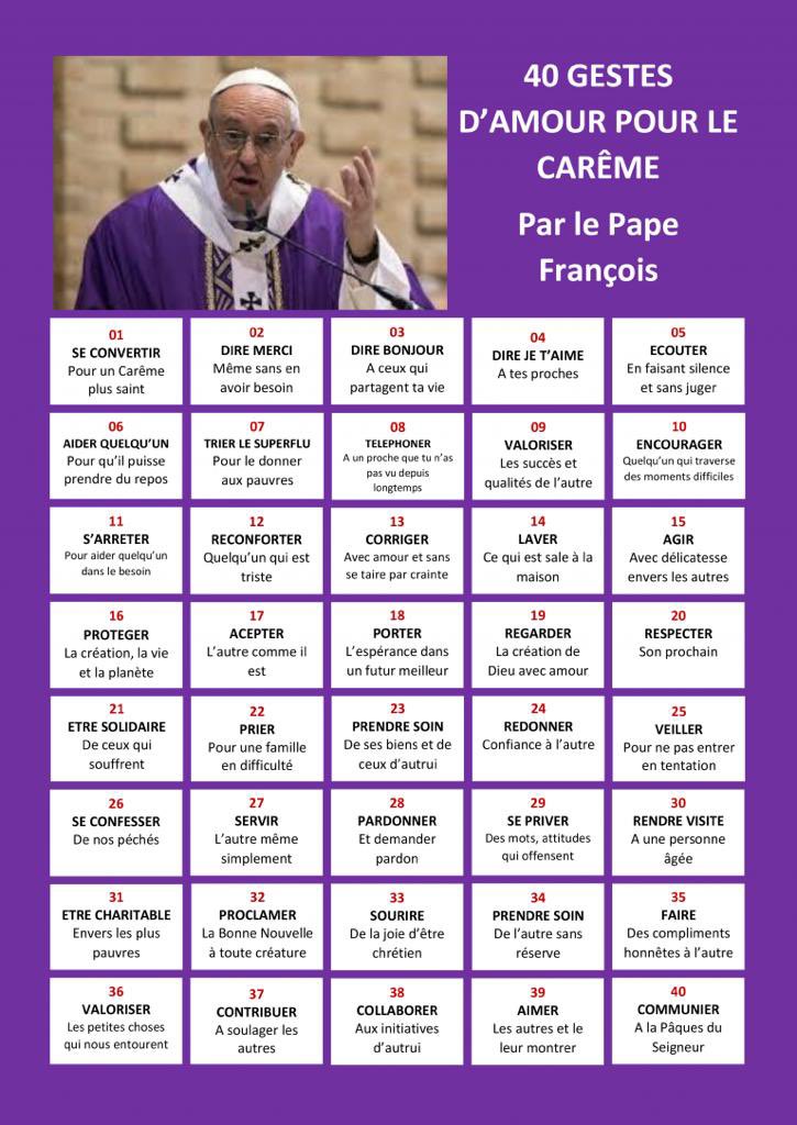 Et si nous cheminions avec ces 40 gestes proposés par le Pape François durant ce temps de Carême? En chemin vers Pâques! #insieme