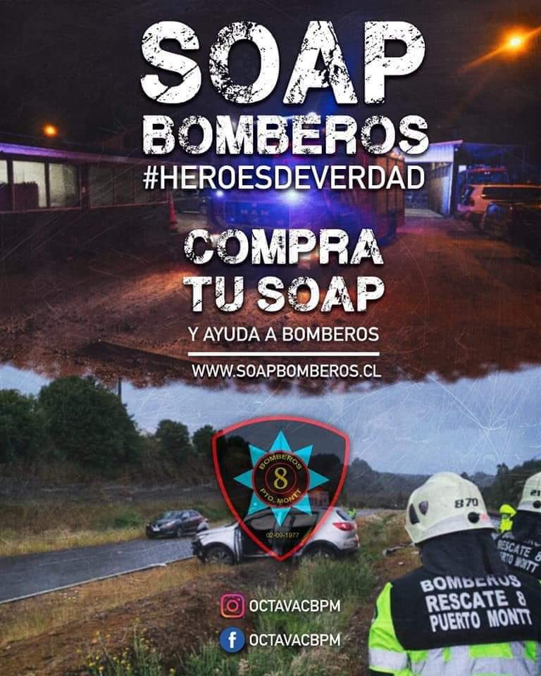 OctavaCBPM's tweet image. Recuerda que si compras tu Seguro Obligatorio de Accidentes Personal (SOAP) puedes hacerlo ayudando a Bomberos. 

Solo debes colocar en comuna: “Puerto Montt” y en compañía “Octava” y de esa manera aportaras con nuestra compañía. 🚒

#PuertoMontt #PtoMontt