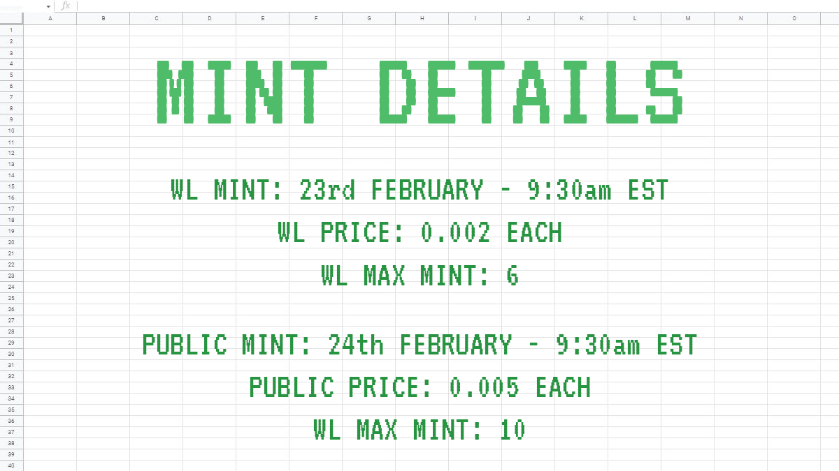 OrdinalSheet's tweet photo. Congrats if you made it to the spreadsheet! You must be a real Excel-lent person 🤝 Here’s our mint details:

WL MINT: 23rd @ 9:30am EST
MAX MINT: 6

PUBLIC: 24th @ 9:30 EST
MAX MINT: 10

Contract &amp; website will be shared before mint 🔔 https://t.co/LgrQVW8ltp
