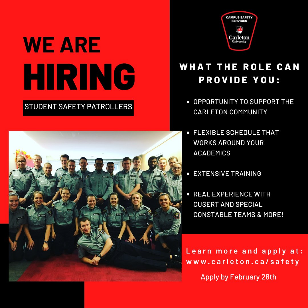 CarletonSafety's tweet photo. Hi Ravens! 

We are still accepting applications for the position of Student Safety Patroller. If interested please click here for more info: https://t.co/HDrvYttgza https://t.co/PmLJqE5ubM