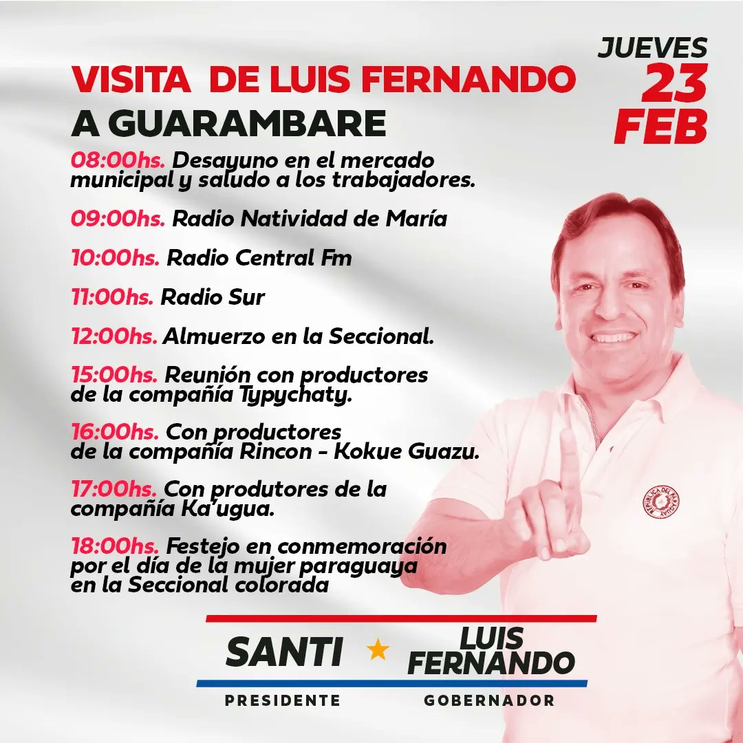 ¡Buenas noches!
Nos encontramos mañana en la ciudad de Guarambaré.

#Lista1
#LuisFernandoGobernador
#SantiPeñaPresidente