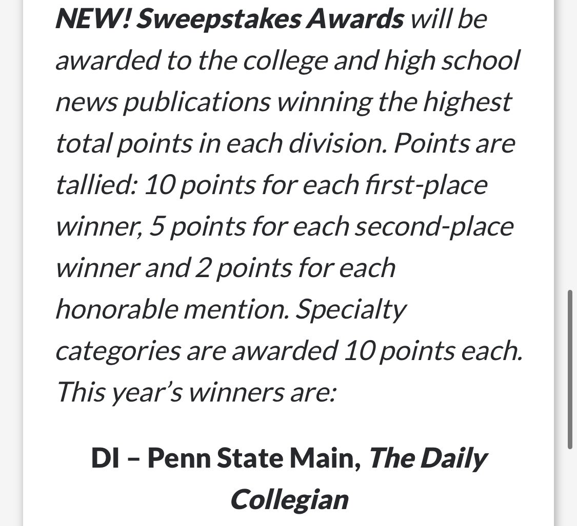 I’m THRILLED to share <a href="/DailyCollegian/">The Daily Collegian</a> won overall in the D1 category of the <a href="/PNAnews/">PA NewsMedia Assoc.</a> 2023 Keystone Media Awards!! This recognition and our individual awards are a testament to what an incredible staff we employ! I couldn’t be more proud to lead such a talented group 🫶