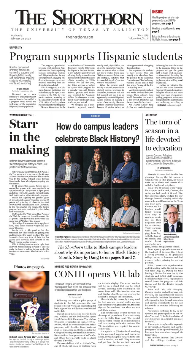 Campus leaders share how they celebrate Black history. New initiative supports Hispanic/Latinx students. AISD superintendent retires. Women's basketball player makes history. Smart Hospital has a new virtual reality lab. New @UTAShorthorn print is out today! 😊