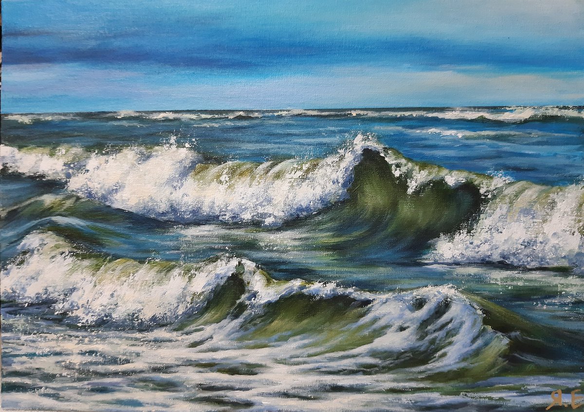 Today I finished this picture. 'Sea' Acrylic. Canvas on cardboard. 25×35 cm.
#artwork #ArtistOnTwitter #sea #seapainting #seascspe #Oceans  #art #Artists  #Waves #acrylic #painting #yanayeremenkoart