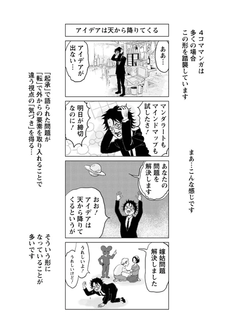 ストーリーの「起承転結」には2つ種類がある。
自力でハードルを越えて問題を解決する「起承承承承承転結」。
運命に導かれて気づきを得る「四等分された起承転結」
物語がもつ本質的な二面性を象徴している。
#マンガ脚本概論 