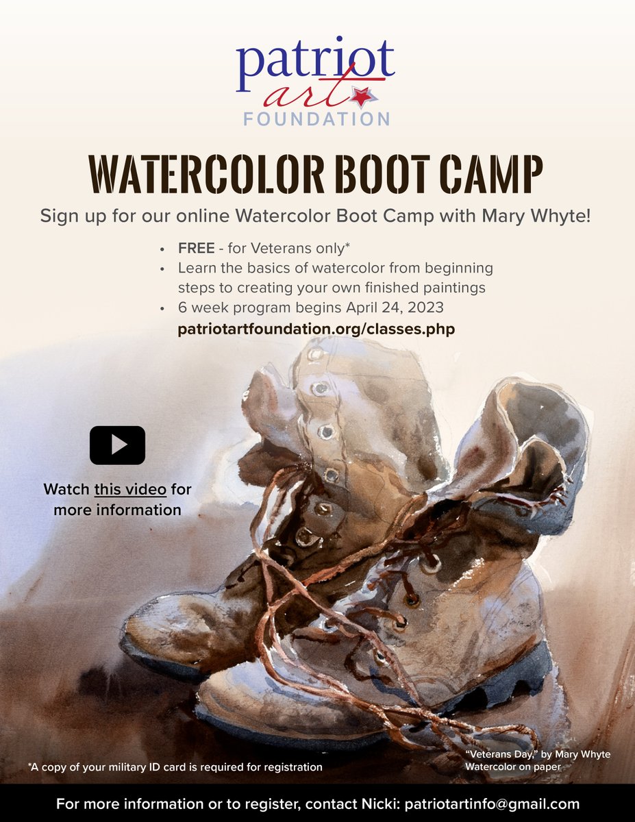 Patriot Art Foundation is offering a FREE Watercolor Boot Camp for #military #veterans!. This virtual course begins April 24.  #arttherapy
patriotartfoundation.org/classes.php

Additional #arttherapy resources for military veterans are listed here: bit.ly/41oqZJI