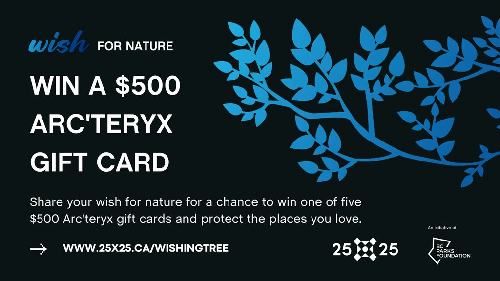 BC Parks Foundation (@bcparksfdn) on Twitter photo We’re giving away 5x $500 Arc'teryx gift cards. Complete the 4 steps below for a chance to win. Help protect 25% of BC.
✅ Follow <a href="/bcparksfdn/">BC Parks Foundation</a>
✅ Comment your wish for nature on this tweet
✅ Like This tweet
✅ Retweet this tweet
25x25.ca/wishingtree We’re giving away 5x $500 Arc'teryx gift cards. Complete the 4 steps below for a chance to win. Help protect 25% of BC.
✅ Follow <a href="/bcparksfdn/">BC Parks Foundation</a>
✅ Comment your wish for nature on this tweet
✅ Like This tweet
✅ Retweet this tweet
25x25.ca/wishingtree