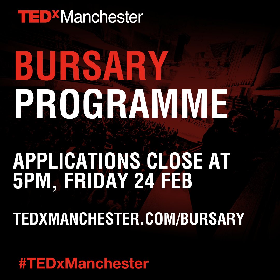 30 hours to go until the application deadline arrives for the <a href="/CheadleHulmeSch/">Cheadle Hulme School</a> Bursary Programme Friday, 24 Feb @ 1700. Your chance to win a pair of free #TEDxManchester passes.. tedxmanchester.com/bursary