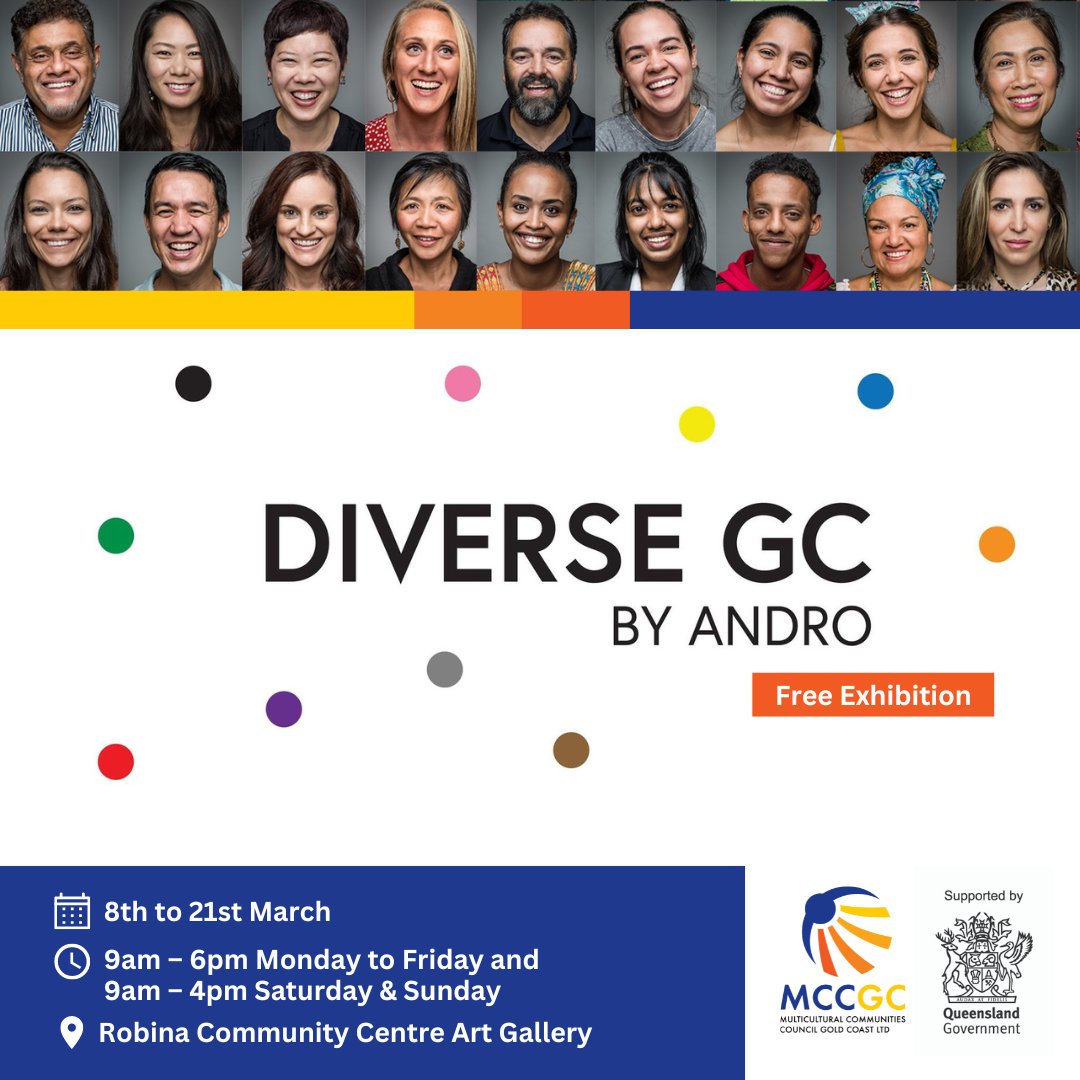 MCCGoldCoast's tweet photo. Experience the diversity of the Gold Coast through this unique photo exhibition, from March 8th–21st, which will showcase the beautiful faces of Gold Coasters from around the world to celebrate multiculturalism in the lead up to Harmony Week. 
More info 👉https://t.co/642nHnQ08W https://t.co/49BzHWdozI