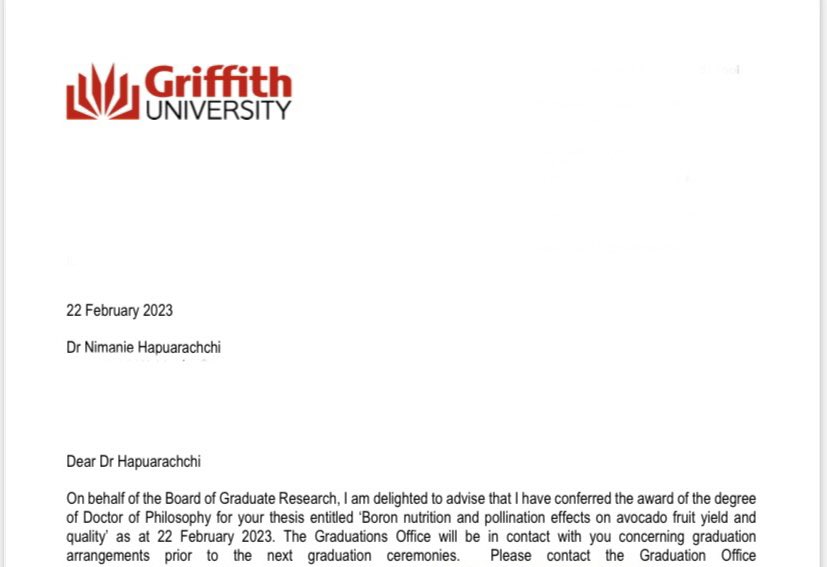 Officially completed my Phd <a href="/Griffith_Uni/">Griffith University</a> <a href="/CPHFSGriffith/">Centre for Planetary Health & Food Security</a> Thankful for my supervisors <a href="/Shahla_HBai/">Associate Professor Shahla Hosseini Bai</a> , family and friends for their support and love. It was an amazing journey that made me realise my true potential #phd #horticulture #avocado #WomenInSTEM