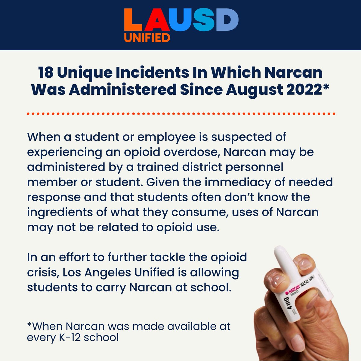 Narcan is an effective medication to reverse opioid overdoses. <a href="/LASchools/">Los Angeles Unified</a> is leading the efforts on the #fentanylcrisis and empowering our employees and students to be part of the solution.
